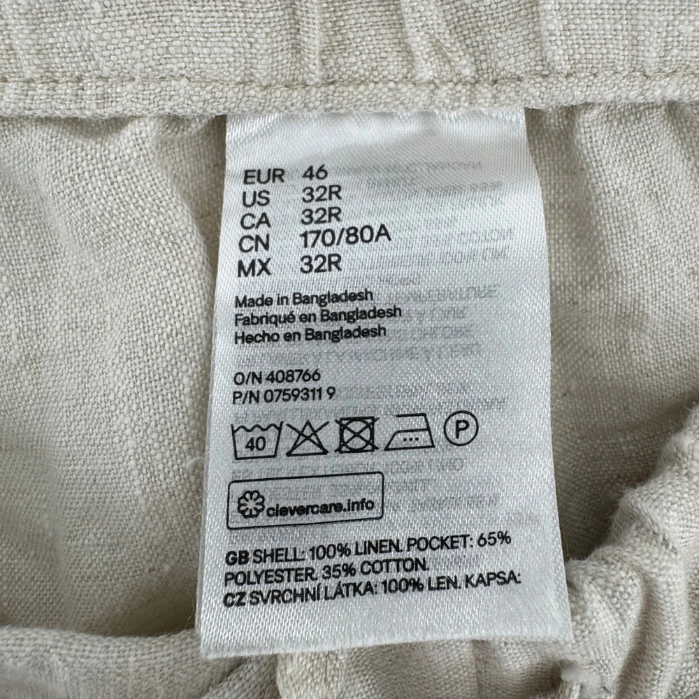 H&M Linen Relaxed Tapered Pants Women 32R Beige Drawstring High Rise Cropped‎